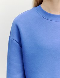 Blaues Sweatshirt aus weichem Baumwollstoff, mit rundem Halsausschnitt, geripptem Kragen und überschnittenen Schultern. Glatte Oberfläche mit minimaler Detailgestaltung.