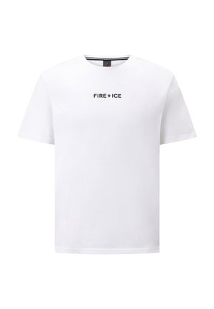 T-shirt en coton blanc avec col rond et manches courtes, portant le texte "FIRE + ICE" imprimé en noir sur la poitrine.