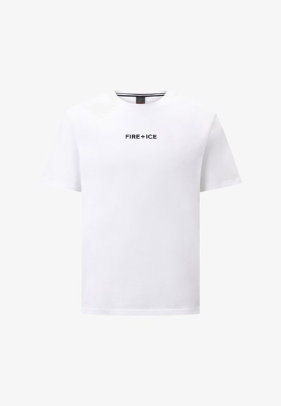 White cotton t-shirt featuring a crew neck and short sleeves, with the text "FIRE + ICE" printed in black across the chest.