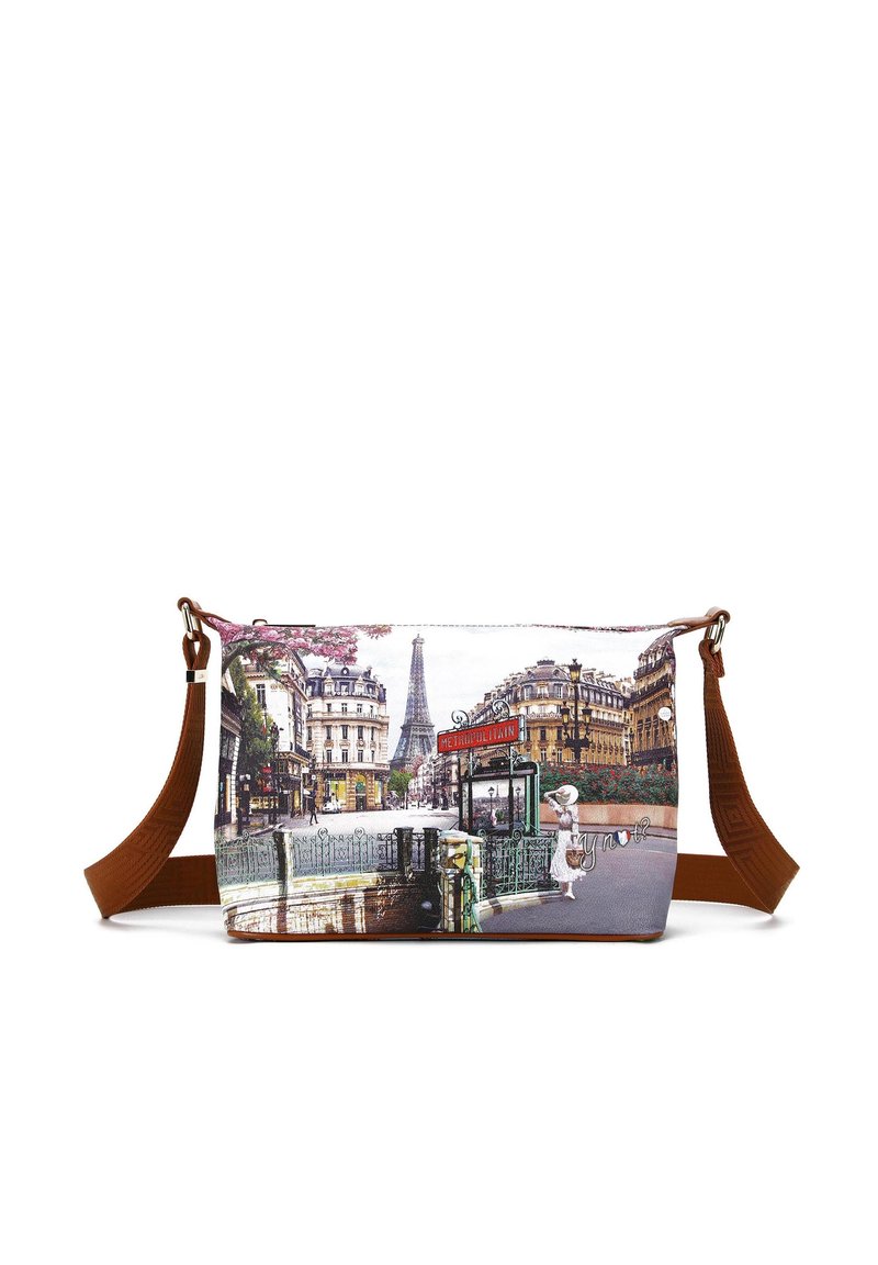 Borsa a spalla rettangolare con stampa di un paesaggio parigino, realizzata in tessuto con tracolla marrone, decorata con la Torre Eiffel e dettagli floreali.