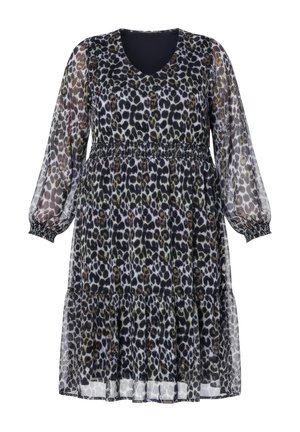 Sort og grå leopardprint kjole med gennemsigtige lange ærmer, elastisk talje, V-hals og flæset nederdel, der ender over knæet.