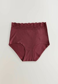 Burgundy högmidjade trosor med en vågig spetslinning. Mjuk, slät tyg med inga synliga sömmar. Klassisk design, minimalistisk stil.