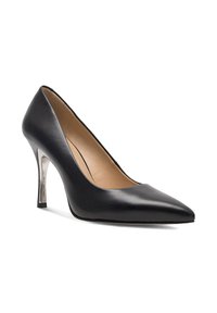 Pantofii cu toc înalt din piele neagră, cu vârf ascuțit și un accent metalic pe toc. Textură netedă, cu un design clasic, potrivit pentru ocazii formale.