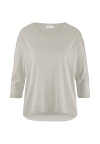 Helles graues T-Shirt mit kurzen Ärmeln, rundem Halsausschnitt und lockerer Passform. Glatte Textur mit leicht abgerundetem Saum.