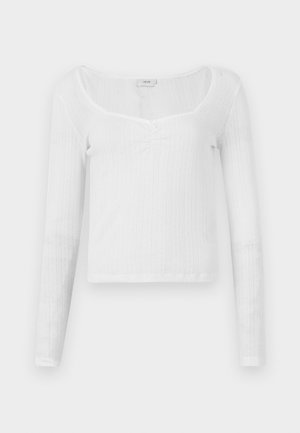 White long-sleeve top with a fitted design, textured stripe pattern, scoop neckline, and three button details at the center.
