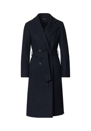 Granatowy wełniany płaszcz o podwójnym zapięciu, z klapami, paskiem w talii i bocznymi kieszeniami. Gładka tekstura i dopasowany krój.