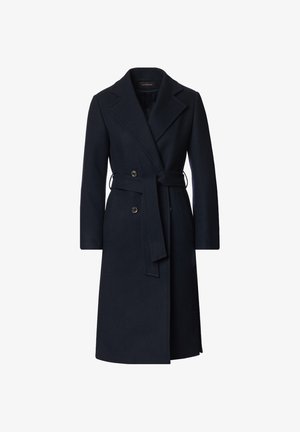 Granatowy wełniany płaszcz o podwójnym zapięciu, z klapami, paskiem w talii i bocznymi kieszeniami. Gładka tekstura i dopasowany krój.