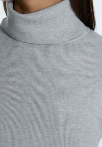Hellgrauer Rollkragenpullover mit gerippter Textur. Der Kragen ist hoch und eng anliegend, mit einer glatten Oberfläche und ohne sichtbare Beschläge oder Verzierungen.