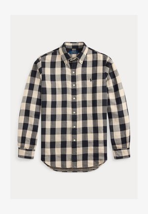 Gecontroleerd button-up overhemd in beige en marineblauw, met lange mouwen, een klassieke kraag en een enkele logo-accent op de borst.