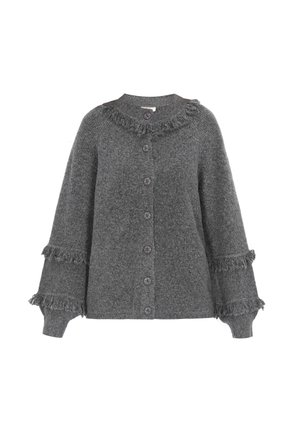 Knappet grå strikket cardigan med volangtrim på kraven og ærmerne, der har brede ærmer og en blød uldtekstur.