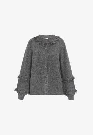 Pilka megztinė su mygtukais, išsiuvinėta kraštinė aplink apykaklę ir rankoves, su plačiomis rankovėmis ir minkšta vilnos tekstūra.