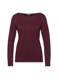 Pull bordeaux à manches longues avec un col rond, fabriqué en tissu doux à mailles fines, présentant une texture lisse et une silhouette ajustée.