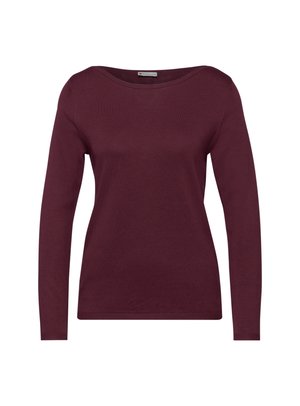 Maglione bordeaux a maniche lunghe con scollatura rotonda, realizzato in morbido tessuto a maglia fine, con una texture liscia e una forma aderente.