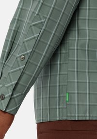 Groene geruite blouse met lange mouwen van een lichtgewicht stof, met subtiele blauwe lijnen, een knoopmanchet en een groen label aan de zoom.