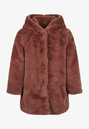 Lyserød imiteret pelsjakke med hætte, blød tekstur, lange ærmer og skjulte lommer; har en afslappet pasform og en lige nederste kant.