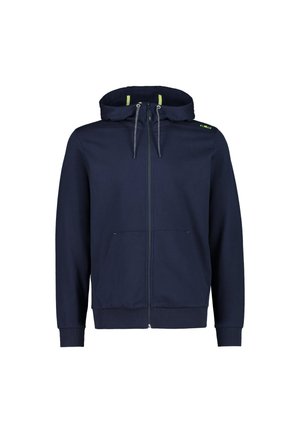 Sweat à capuche bleu marine zippé avec poches avant, capuche avec cordon, poignets et ourlet côtelés, et petit logo sur l'épaule gauche.