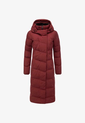 Bordeauxfarbener Daunenmantel mit Kapuze, ausgestattet mit einem Reißverschluss auf der Vorderseite, langen Ärmeln und einem gesteppten Design mit horizontalen Nähten.