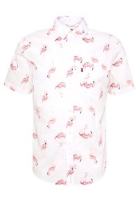 Camicetta bianca a maniche corte con motivo di fenicotteri rosa. Design con bottoni, una tasca sul petto e un piccolo logo del marchio.