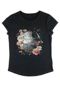 Sort bomulds T-shirt med et blomsterdesign omkring en grå Death Star grafik med "Star Wars" tekst og geometriske accenter.