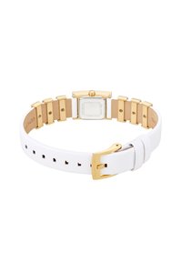 Montre dorée avec un cadran rectangulaire, un bracelet en cuir blanc et des accents en métal doré. Présente un design minimaliste avec une boucle réglable.