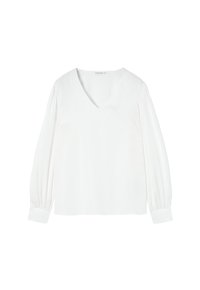 White long-sleeve blouse with a V-neck, made from smooth fabric. Features gathered sleeves and buttoned cuffs. Simple and elegant design.