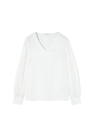 Blusa bianca a maniche lunghe con scollatura a V, realizzata in tessuto morbido. Presenta maniche arricciate e polsini con bottoni. Design semplice ed elegante.