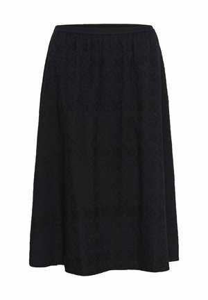 Fustă neagră lungime până la genunchi, croială A, cu textură florală subtilă și talie elastică pe fundal alb.