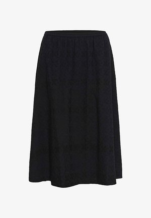 Fustă neagră lungime până la genunchi, croială A, cu textură florală subtilă și talie elastică pe fundal alb.