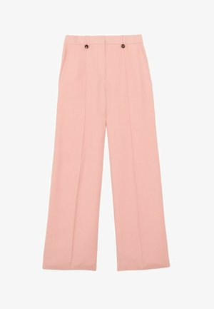 Lichtroze wijde broek met plooien aan de voorkant, zijzakken en knoopsgaten voor de riem op een witte achtergrond.