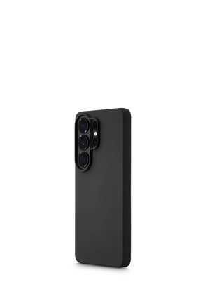 Black smartphone case with raised cutouts for three camera lenses and flash, shown standing upright on white background.