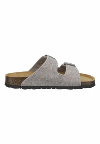 Grau gefütterte Riemensandale mit zwei verstellbaren Schnallen, Korkfußbett und strukturiertem schwarzen Gummisohle. Offenes Zehen-Design mit minimalistischem Ästhetik.