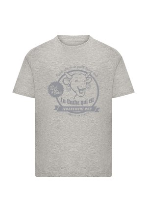 Gray t-shirt made from cotton blend fabric featuring a blue graphic of a smiling cow with text in a circular design. Short sleeves, crew neck.
