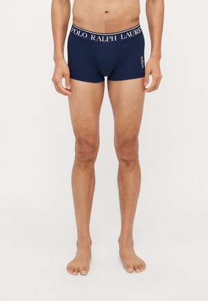 Dunkelblaue Baumwoll-Boxershorts mit einem weißen "POLO RALPH LAUREN"-Bund und einem gestickten Logo an der Seite. Glatte Textur und enganpassendes Design.