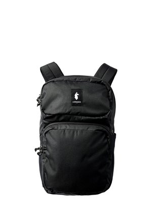 Black Cotopaxi backpack with two zippered compartments and padded shoulder straps against a white background.