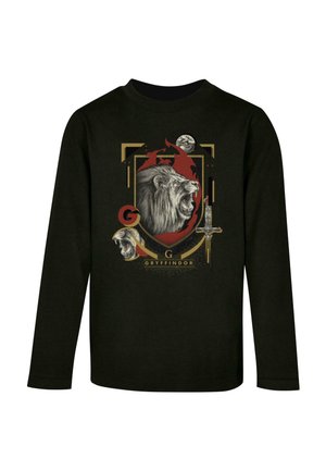 Langärmliges schwarzes T-Shirt mit einem Löwengrafik in rot und goldenen Akzenten, 'G'-Logo und dem Text 'Gryffindor' in einem markanten, auffälligen Design.