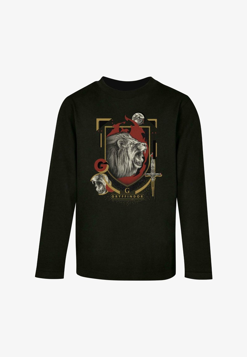 Langärmliges schwarzes T-Shirt mit einem Löwengrafik in rot und goldenen Akzenten, 'G'-Logo und dem Text 'Gryffindor' in einem markanten, auffälligen Design.
