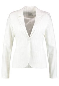 Blazer bianco con righe verticali, chiusura a un bottone, revers a punta e due tasche frontali. Tessuto liscio con leggero lucido.