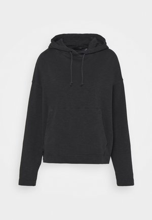 Sweat à capuche noir à manches longues avec poche kangourou avant et cordon réglable à la capuche, présenté sur fond blanc.