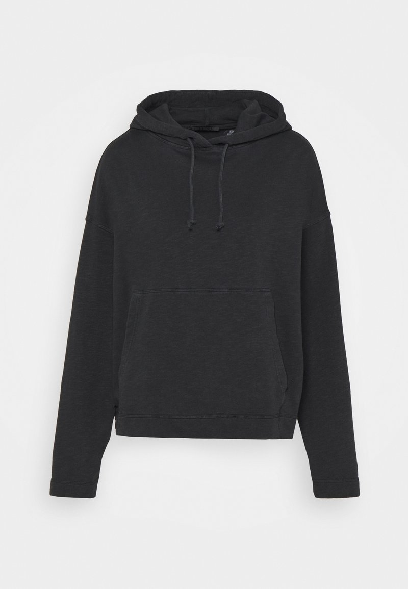 Sweat à capuche noir à manches longues avec poche kangourou avant et cordon réglable à la capuche, présenté sur fond blanc.