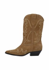 Brown suede cowboy boot with pointed toe, scalloped design, white stitching detail, and a low block heel. Side pull tab included.