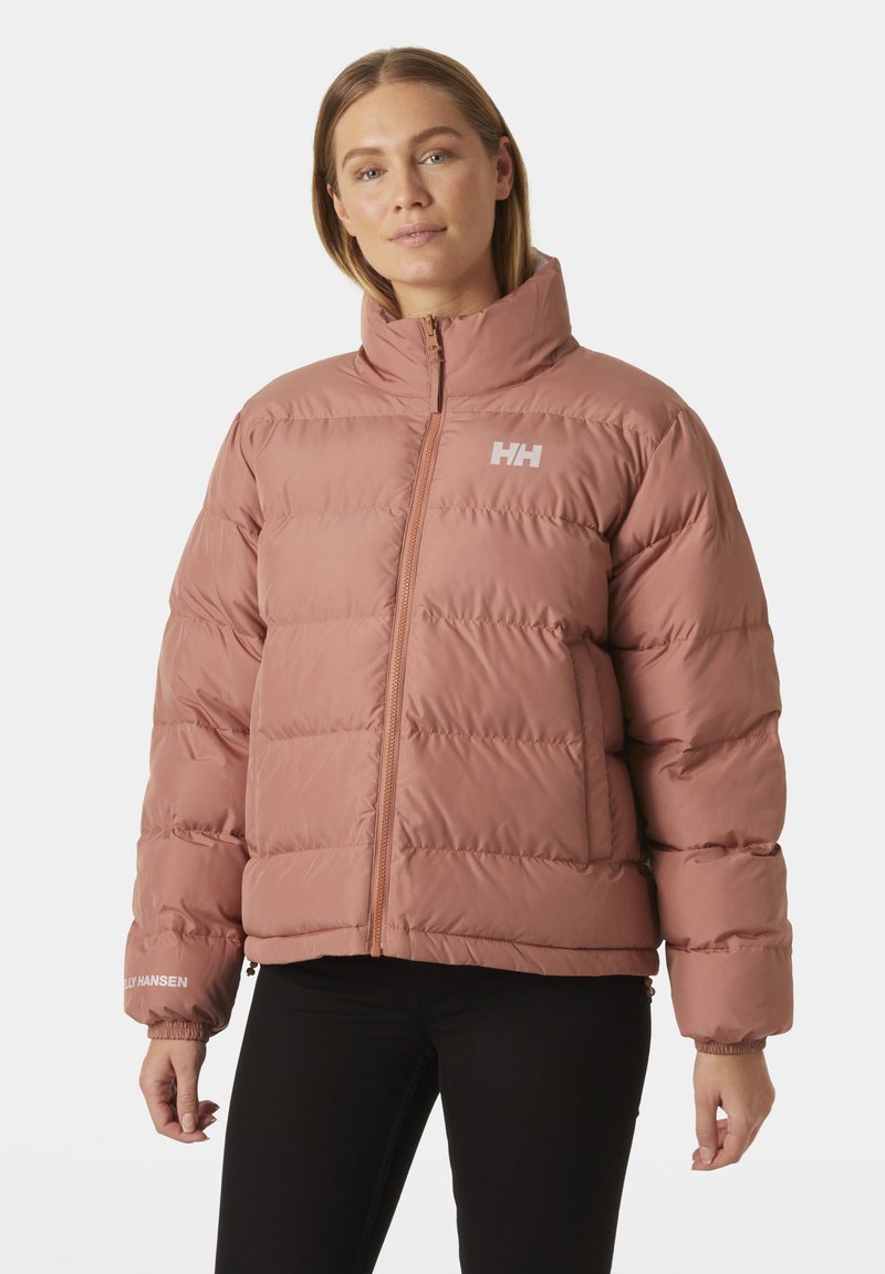 Padded jacket in dusty pink, featuring a high collar and zip closure. Logo on chest and elastic cuffs. Smooth, water-resistant fabric.