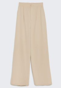 Beige wide-leg trousers with front button and zip closure, featuring side pockets and a high waist design.