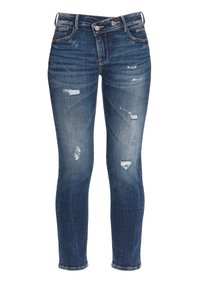 Jean en denim bleu foncé à coupe slim, avec des détails usés et une légère décoloration. Design à cinq poches avec des accents en métal.