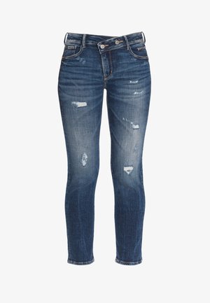 Donkerblauwe spijkerbroek met een slim fit, voorzien van versleten details en een lichte vervaging. Vijfzakken ontwerp met metalen hardware accenten.