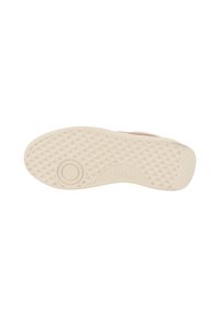 Semelle de sneaker en caoutchouc, texturée avec un motif en diamant, de couleur crème. Présente un accent circulaire près du talon et le nom de la marque en relief.