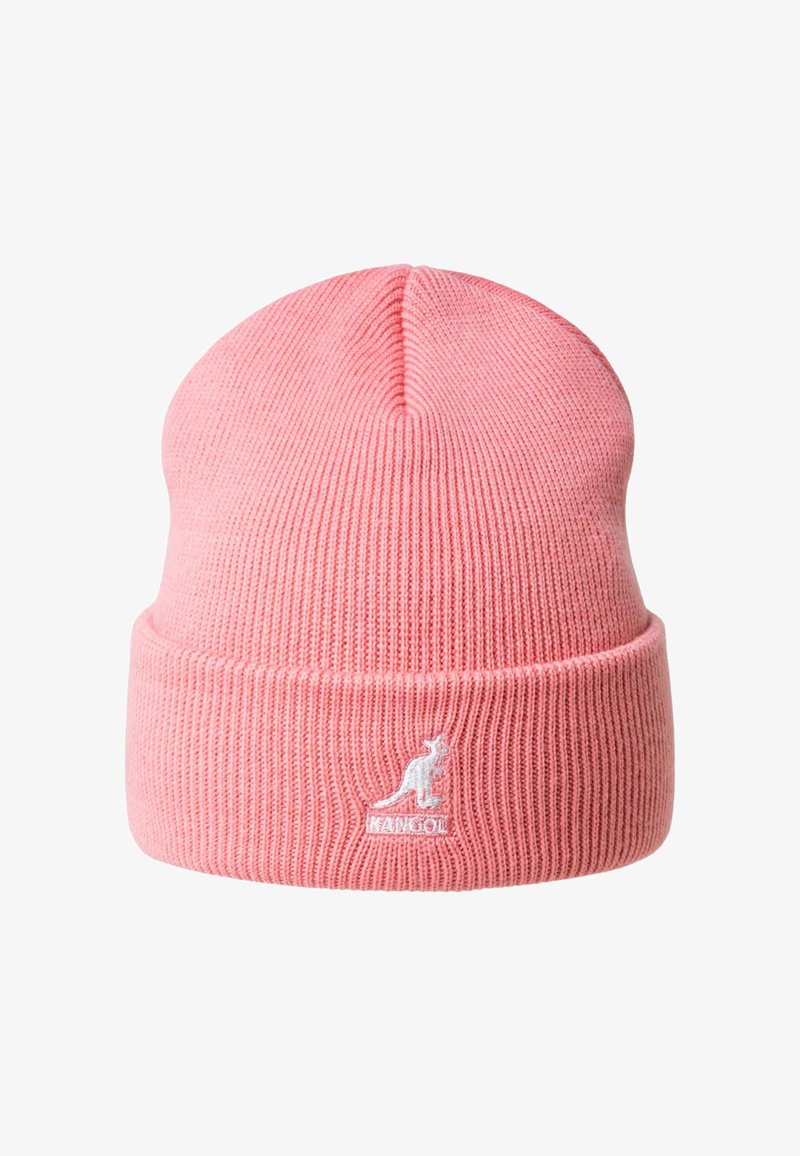 Pink knitted beanie with a ribbed texture and folded cuff. Features a white Kangol logo embroidered on the front.