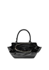 Bolso de mano de cuero negro con dos asas, parte superior abierta que muestra múltiples compartimentos interiores y un bolsillo con cremallera.