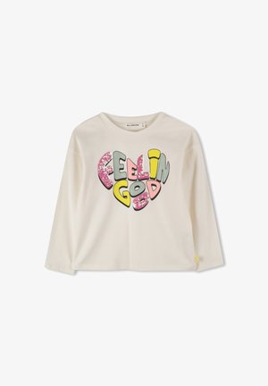 Crème kleurig lang mouwen kind shirt met kleurrijke, glinsterende "Feelin Good" tekst in vetgedrukte, ronde letters op de borst.