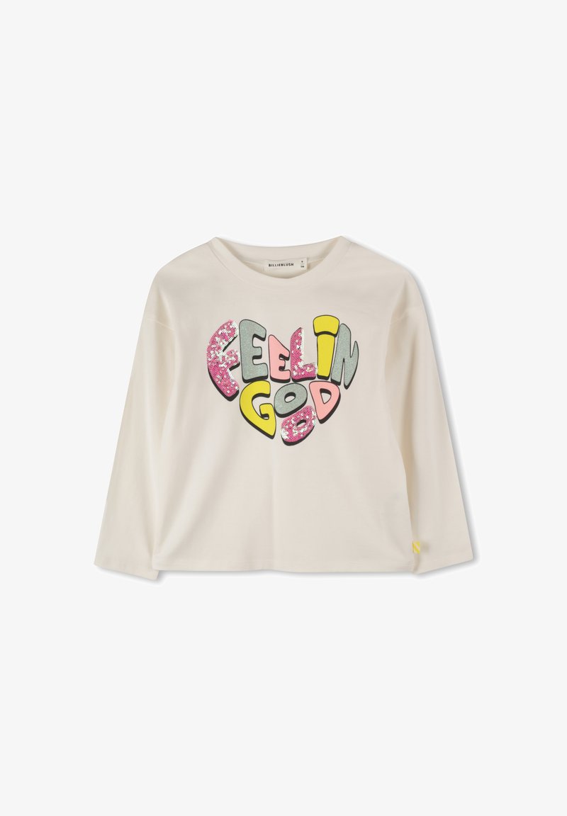 Camisa de criança de mangas longas em creme com texto colorido e brilhante "Feelin Good" em letras bold e arredondadas a cruzar o peito.