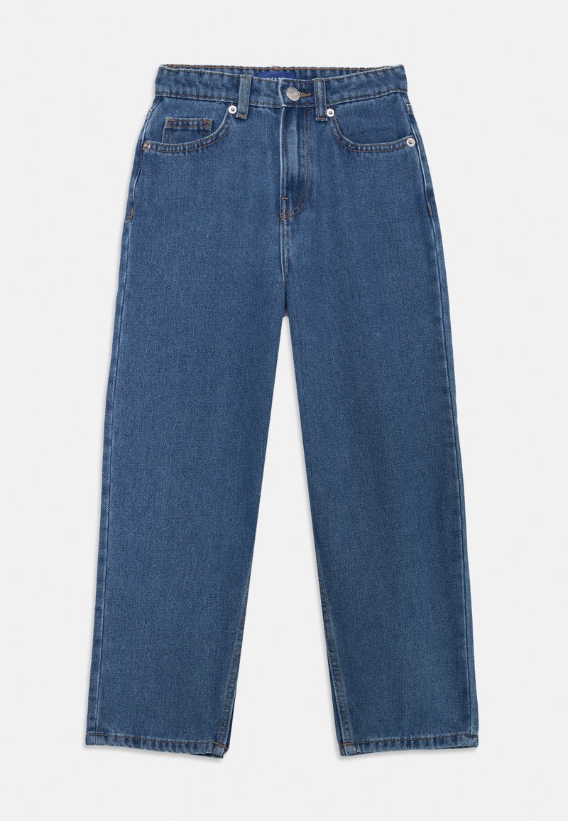 Blå denimjeans med hög midja, rak passform, fem fickor och en knappstängning. Tyget har en slät textur och minimal blekning.
